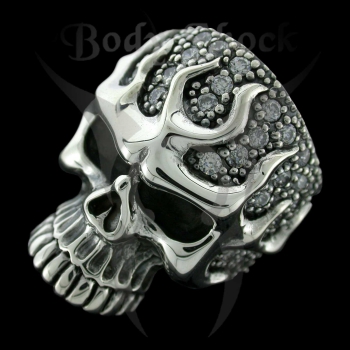 Silberring - Totenkopf mit Flammen