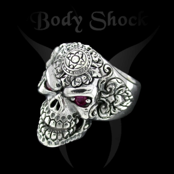 Silberring - Totenkopf mit Steinaugen und Muster