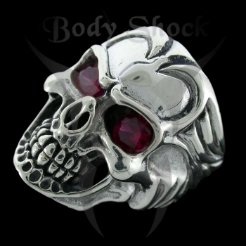 Silberring - Totenkopf mit Steinaugen und Muster