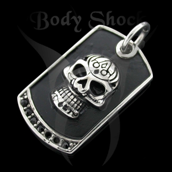 Edelstahlanhänger - Dog Tag mit Totenkopf und Steinen