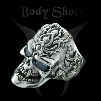 Silberring - Totenkopf mit Steinaugen und Muster