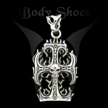 Silberanhänger - Kreuz mit Totenkopf und Flammen