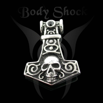 Edelstahlanhänger - Thor's Hammer mit Totenkopf und Stein