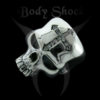 Silberring - Totenkopf mit Steinkreuz