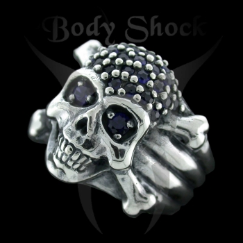 Silberring - Totenkopf mit Knochen und Steinen