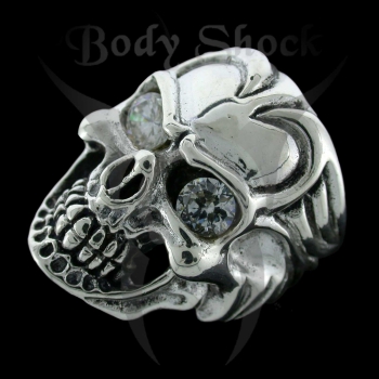 Silberring - Totenkopf mit Steinaugen und Muster