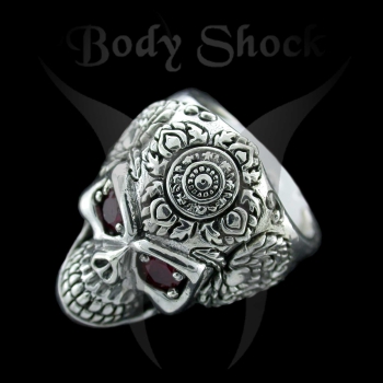 Silberring - Totenkopf mit Steinaugen und Muster