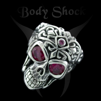 Silberring - Totenkopf mit Steinaugen und Muster
