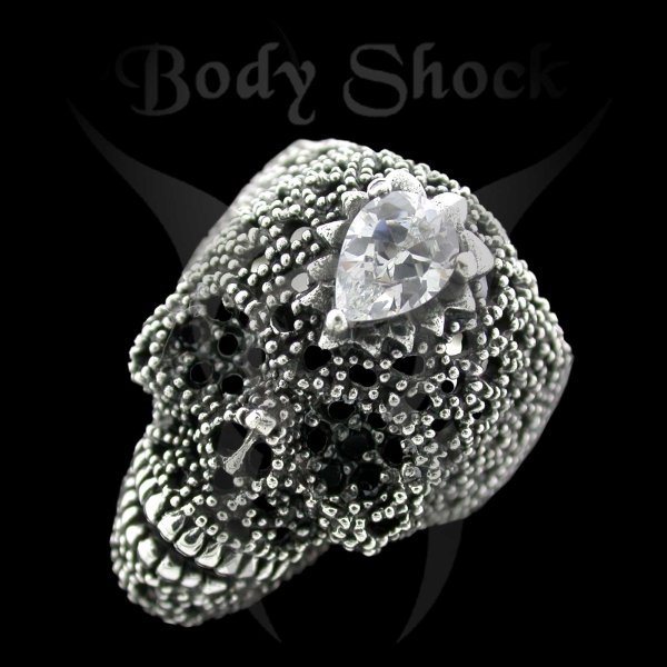 Silberring - Totenkopf mit Steintropfen