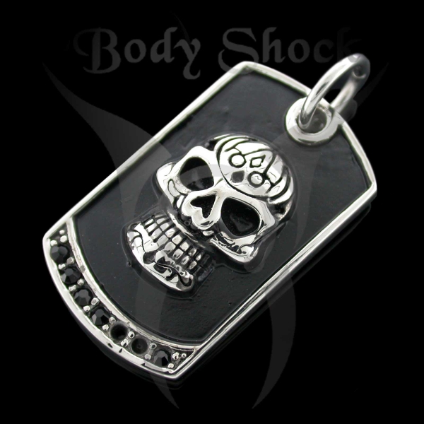 Edelstahlanhänger - Dog Tag mit Totenkopf und Steinen