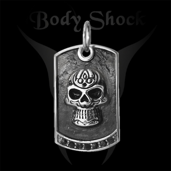 Edelstahlanhänger - Dog Tag mit Totenkopf und Steinen