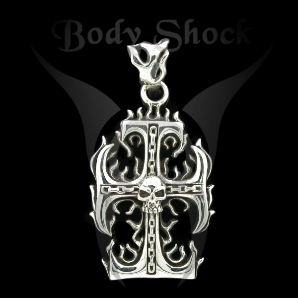 Silberanhänger - Kreuz mit Totenkopf und Flammen
