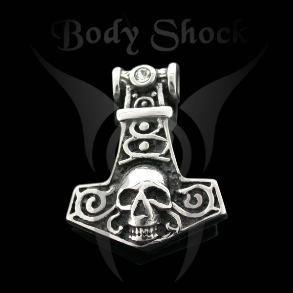 Edelstahlanhänger - Thor's Hammer mit Totenkopf und Stein
