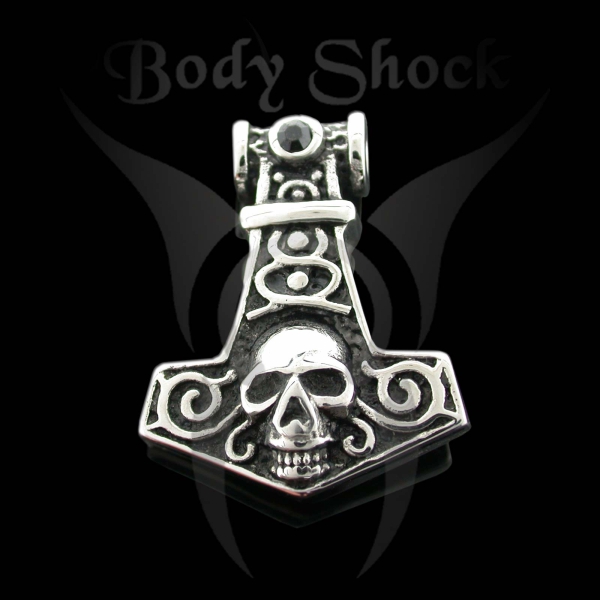 Edelstahlanhänger - Thor's Hammer mit Totenkopf und Stein