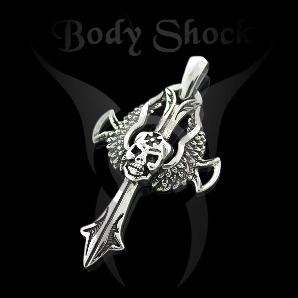 Edelstahlanhänger - Totenkopfanhänger mit Flügel und Kreuz