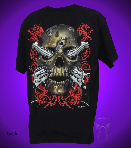 Black Glow T-Shirt - Totenkopf mit Revolver T-Shirt
