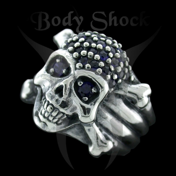 Silberring - Totenkopf mit Knochen und Steinen